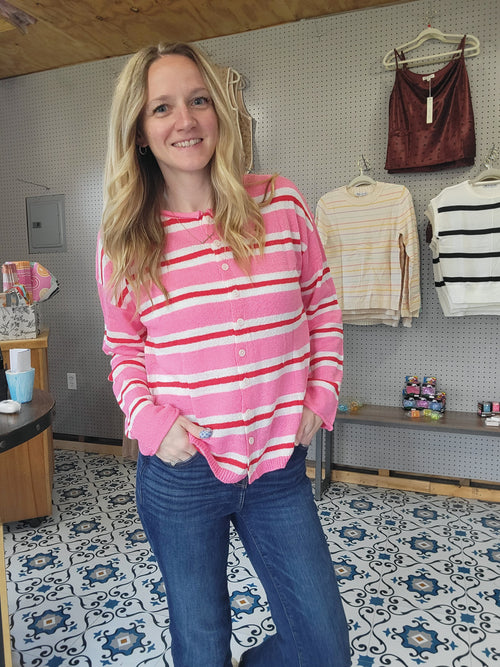 Preorder Pink & White Striped Cardigan