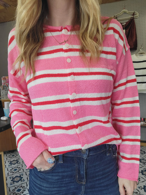 Preorder Pink & White Striped Cardigan