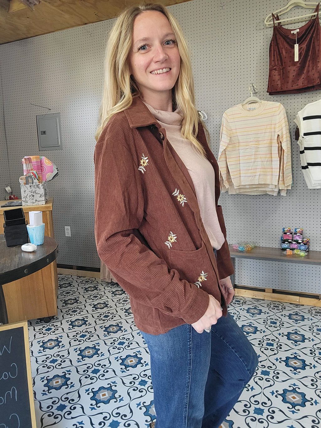 Brown Corduroy Floral Embroidered Shacket