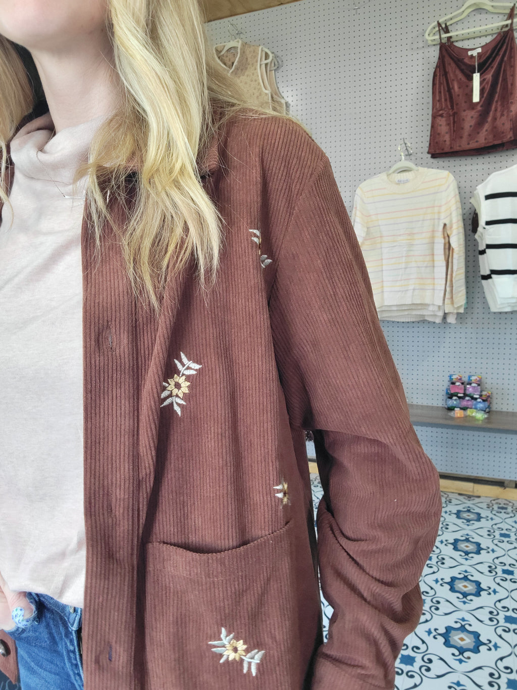 Brown Corduroy Floral Embroidered Shacket