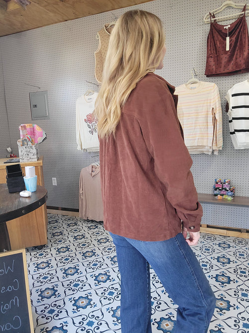 Brown Corduroy Floral Embroidered Shacket