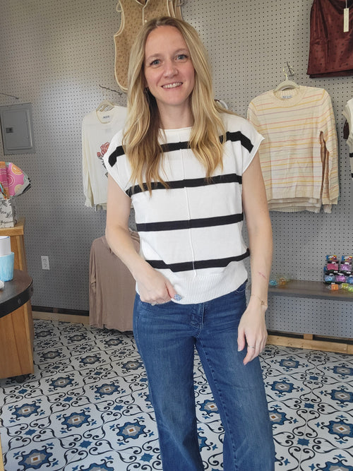 Black and White Striped Short Sleeved Sweater