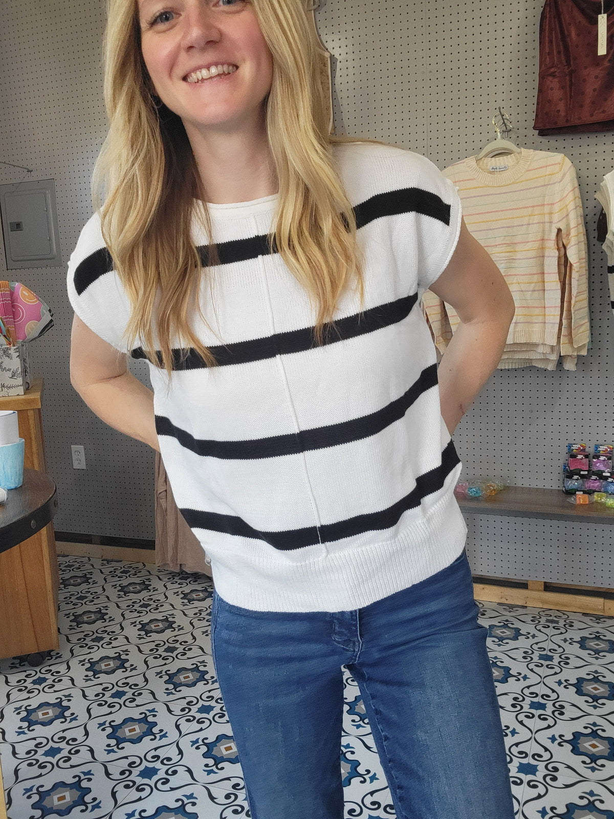 Black and White Striped Short Sleeved Sweater