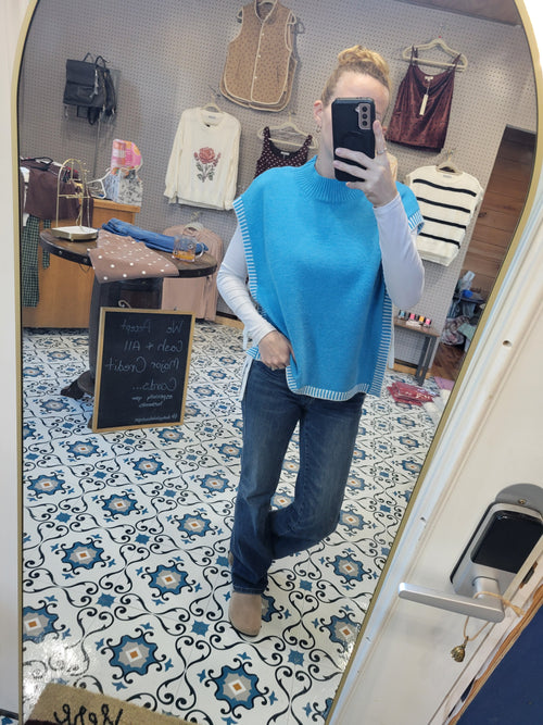 Blanket Stitch Mock Neck Side Tie Sweater