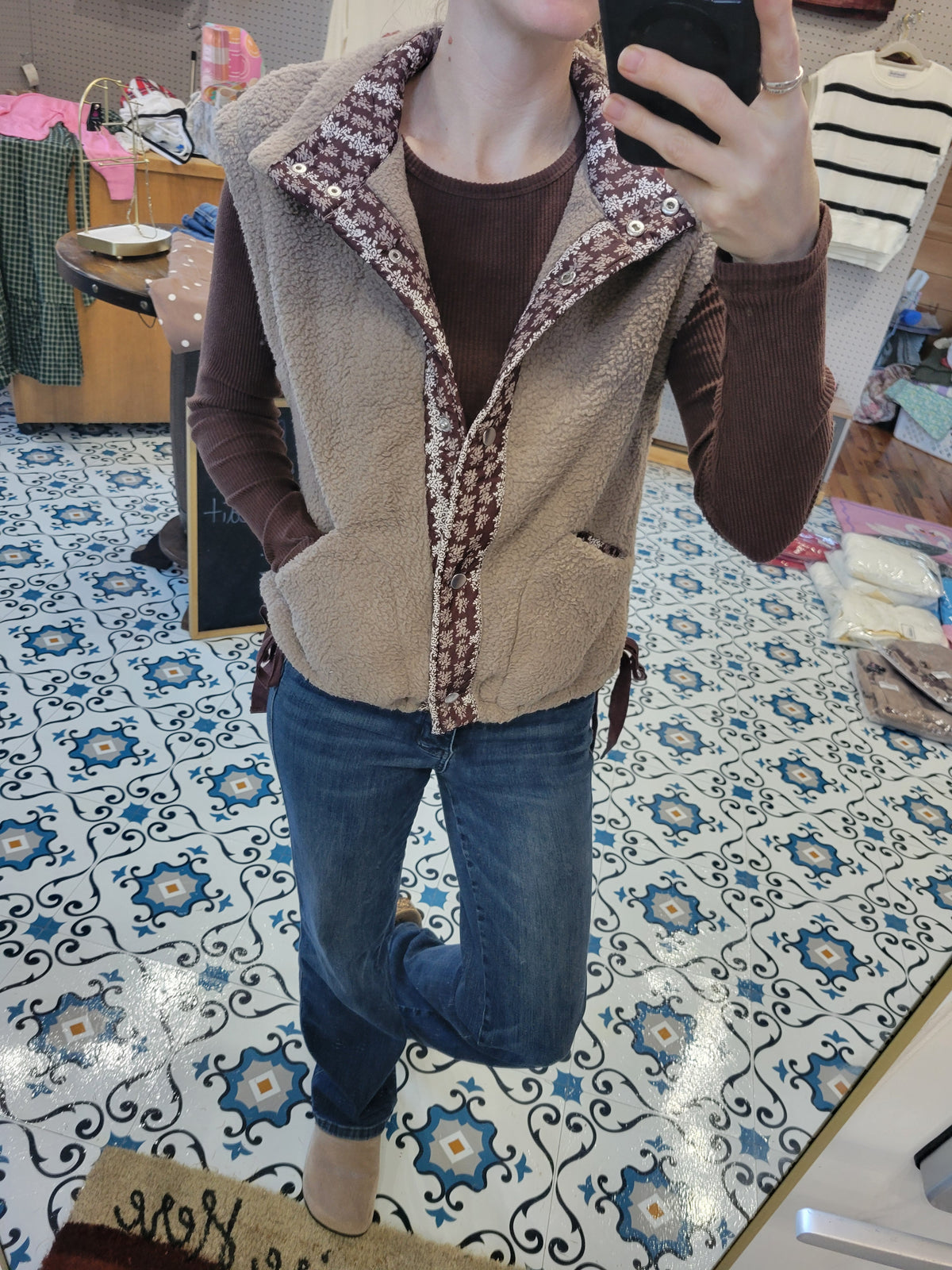Sherpa Fleece Vest With Side Bow Detail