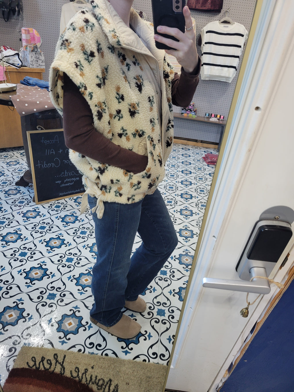 Floral Sherpa Fleece Vest With Side Bow Detail