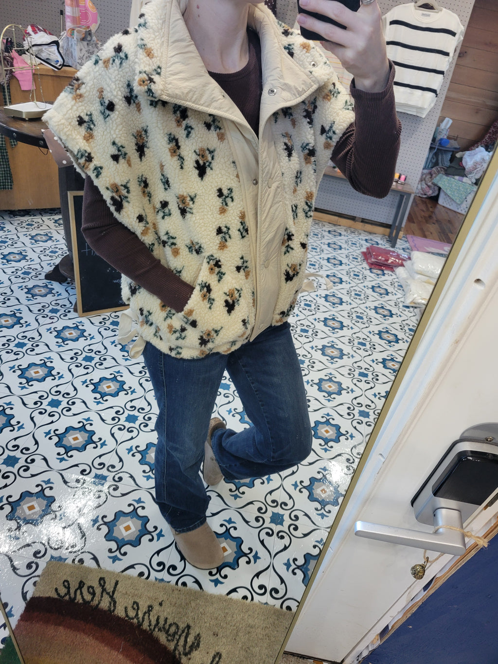Floral Sherpa Fleece Vest With Side Bow Detail