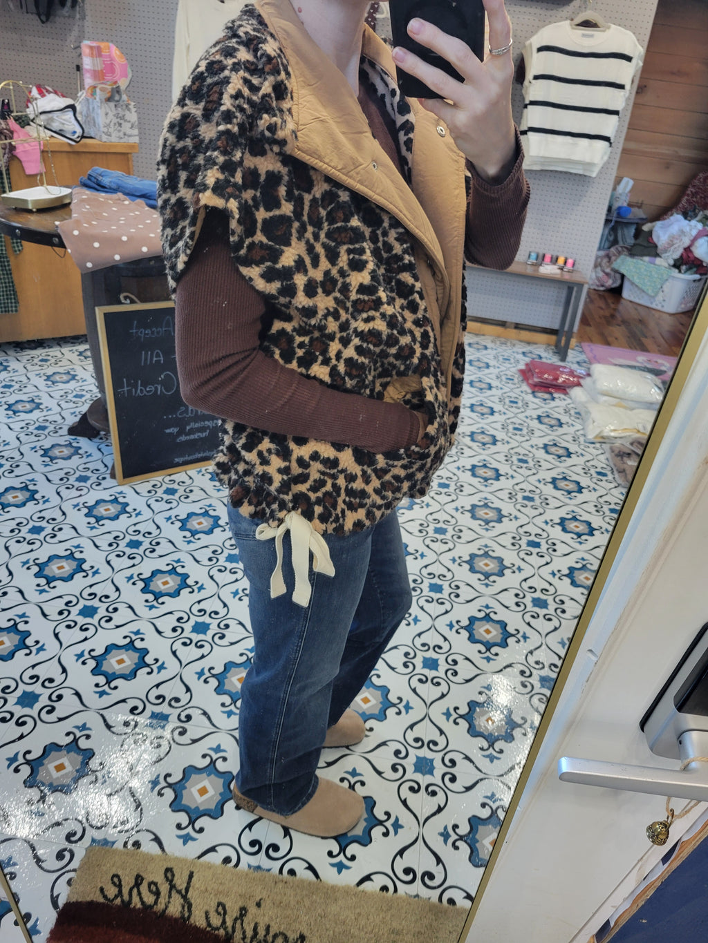 Leopard Sherpa Fleece Vest With Side Bow Detail