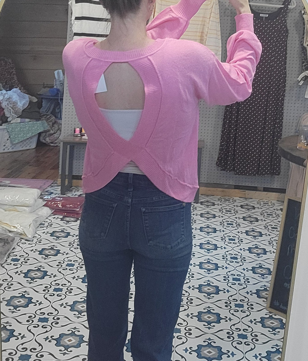Pink Long Crop Open Back Lightweight Sweater