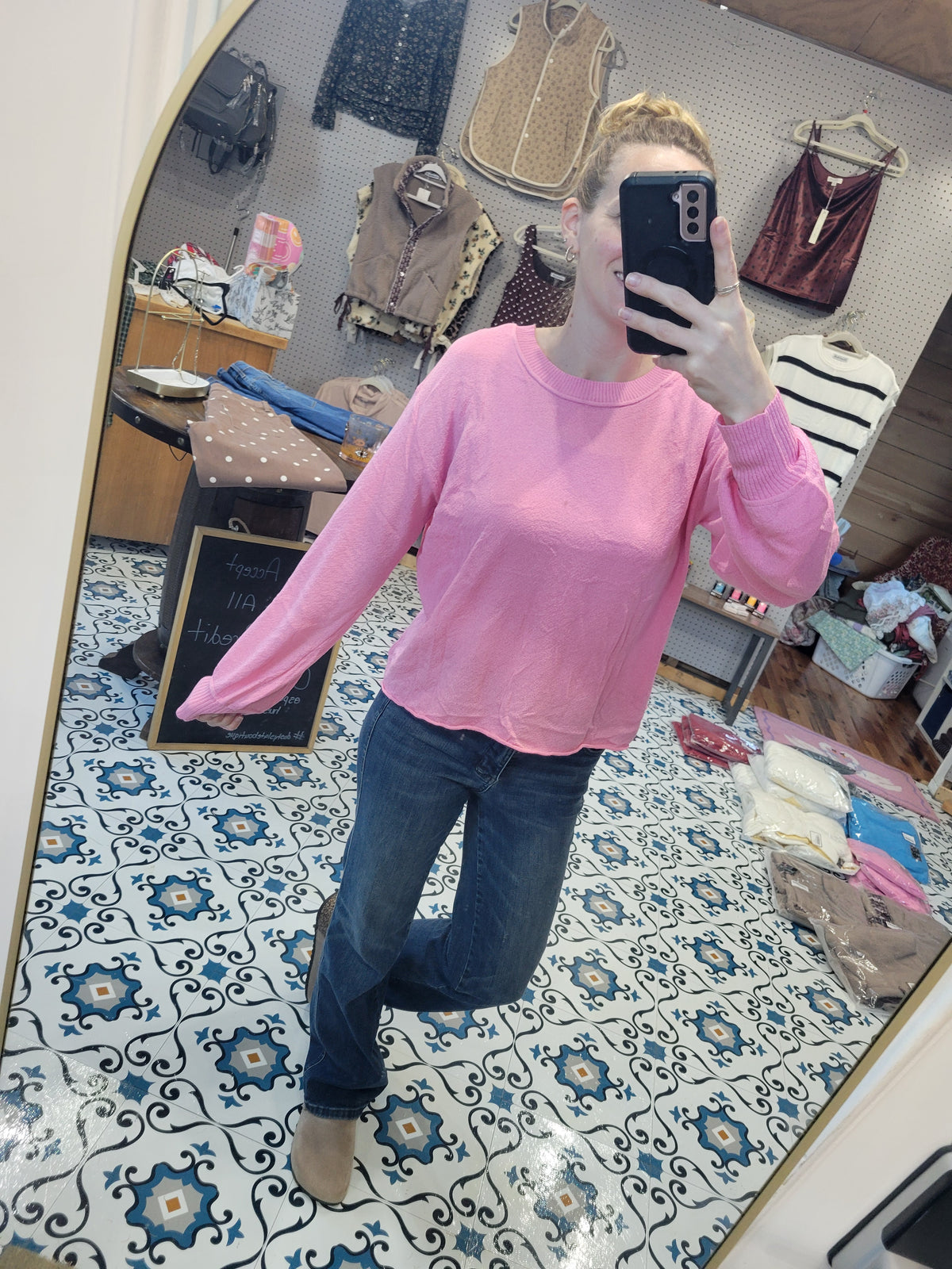 Pink Long Crop Open Back Lightweight Sweater