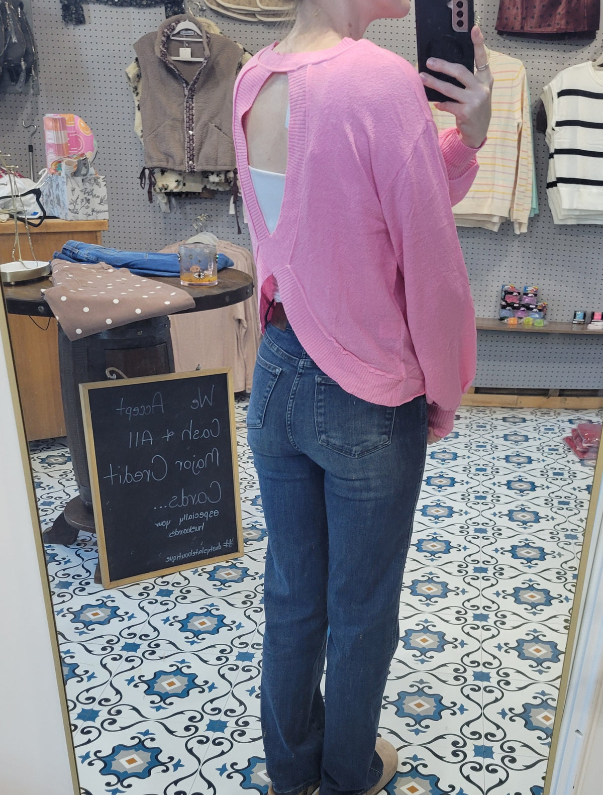 Pink Long Crop Open Back Lightweight Sweater