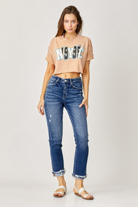 Risen High-Rise Frayed Cuffed Straight Jeans