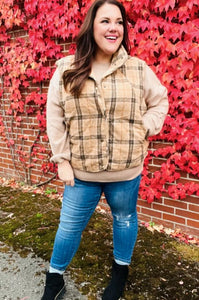 Layer Up Taupe Plaid Snap Button Quilted Puffer Vest