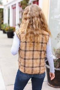 Layer Up Taupe Plaid Snap Button Quilted Puffer Vest